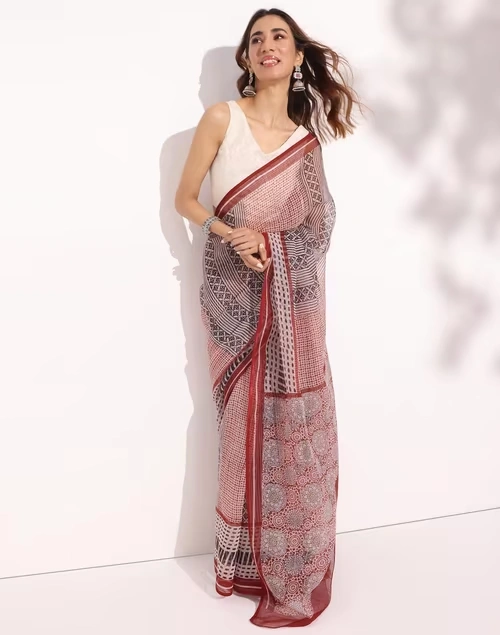 Maroon Cotton Silk Bagh Printed Sari