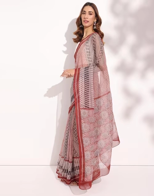 Maroon Cotton Silk Bagh Printed Sari