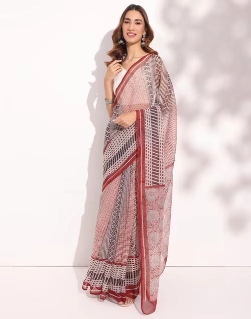 Maroon Cotton Silk Bagh Printed Sari