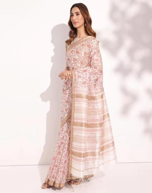 Natural Cotton Silk Blend Hand Block Printed Sari
