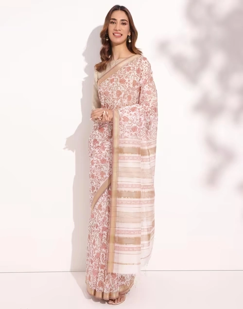 Natural Cotton Silk Blend Hand Block Printed Sari