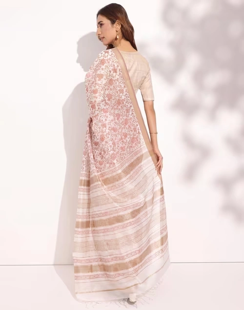 Natural Cotton Silk Blend Hand Block Printed Sari