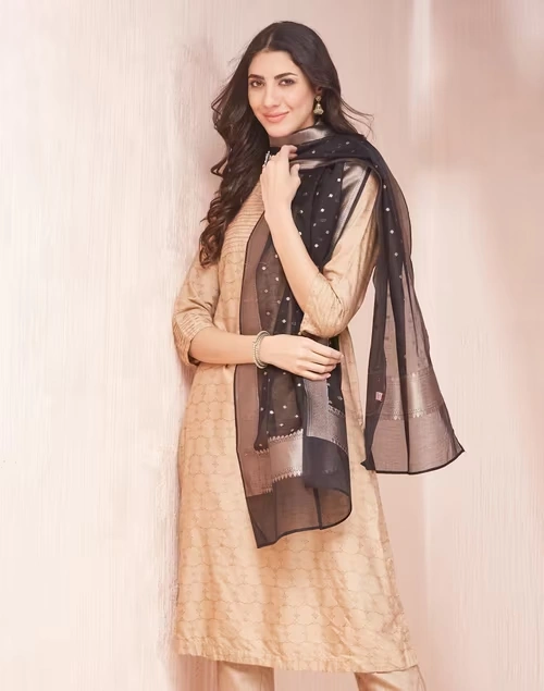 Black Cotton Silk Blend Woven Stole