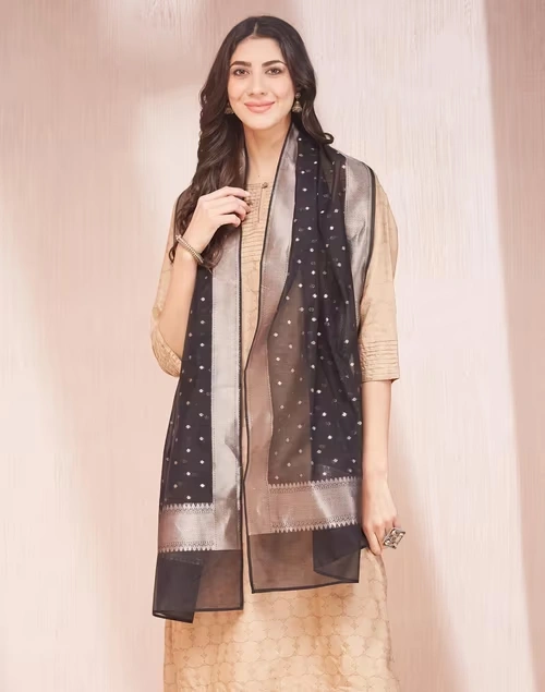 Black Cotton Silk Blend Woven Stole 4 Black Cotton Silk Blend Woven Stole