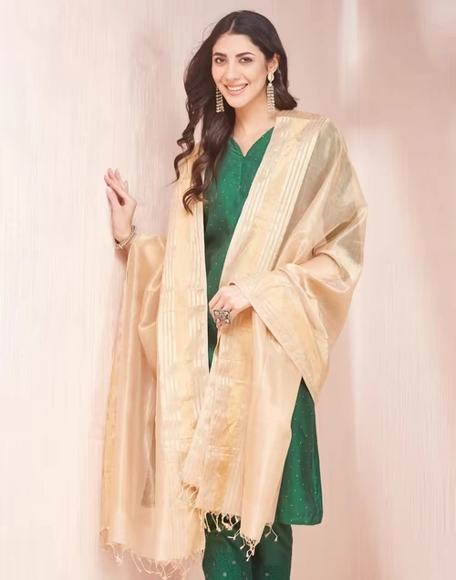 Beige Cotton Silk Blend Maheshwari Dupatta