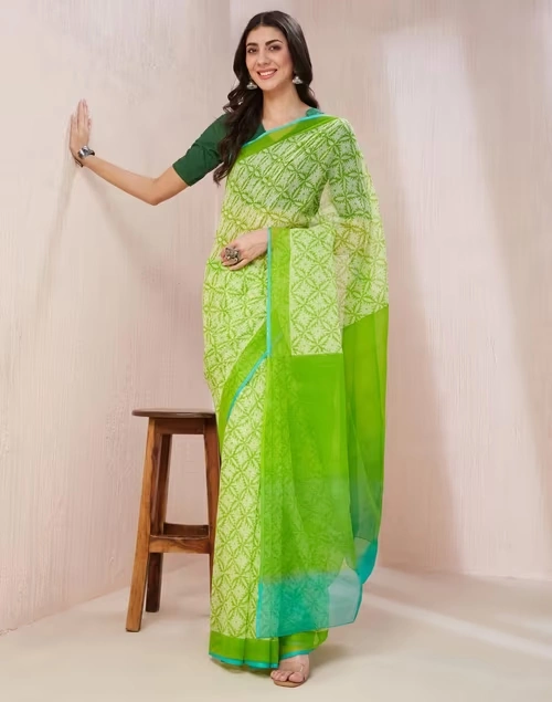 Green Cotton Silk Hand Block Printed Sari