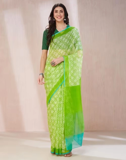 Green Cotton Silk Hand Block Printed Sari