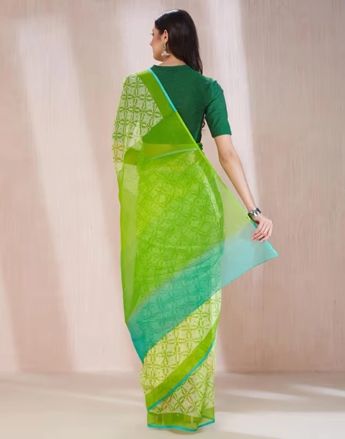 Green Cotton Silk Hand Block Printed Sari