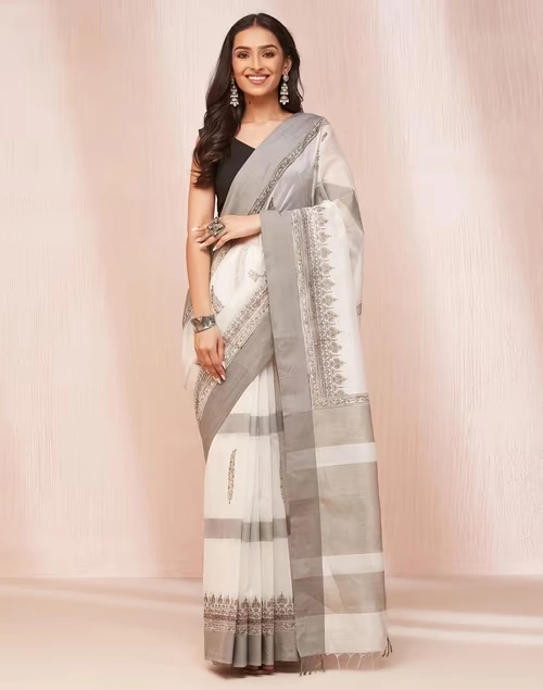 Natural Cotton Silk Blend Hand Block Printed Sari