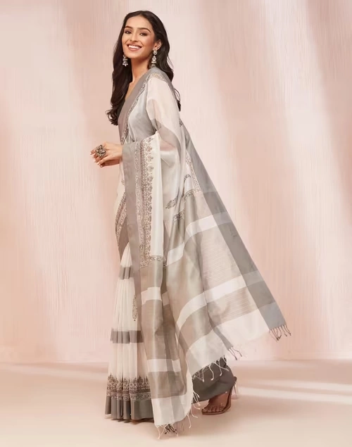 Natural Cotton Silk Blend Hand Block Printed Sari