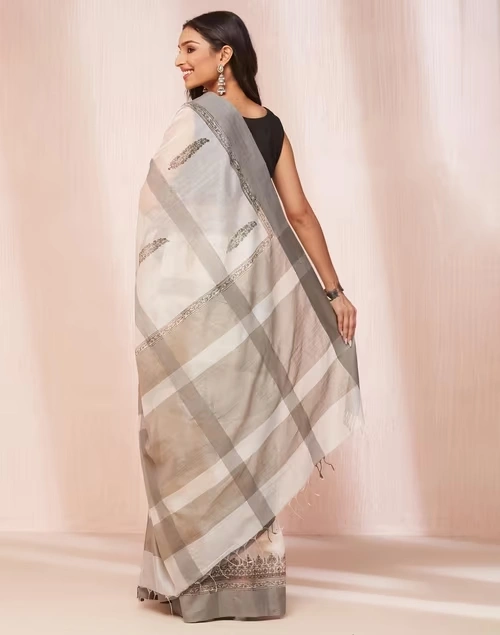 Natural Cotton Silk Blend Hand Block Printed Sari