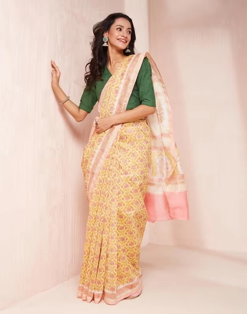 Mustard Cotton Silk Blend Hand Block Printed Sari