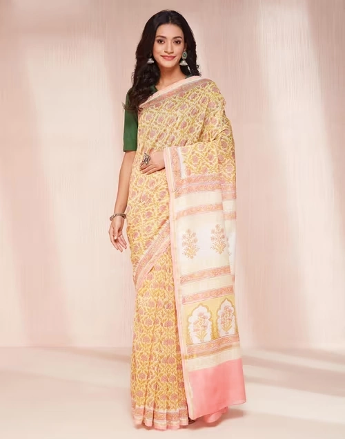 Mustard Cotton Silk Blend Hand Block Printed Sari