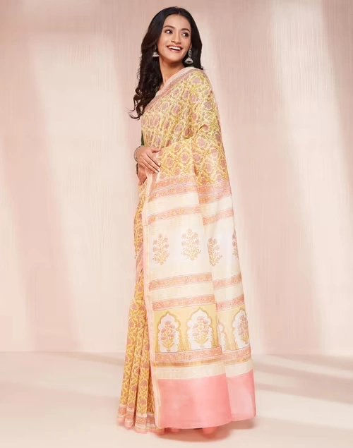 Mustard Cotton Silk Blend Hand Block Printed Sari 3 Mustard Cotton Silk Blend Hand Block Printed Sari