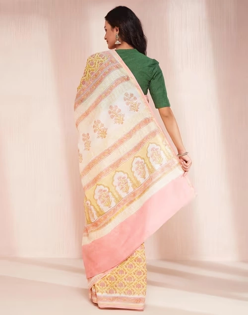 Mustard Cotton Silk Blend Hand Block Printed Sari 4 Mustard Cotton Silk Blend Hand Block Printed Sari