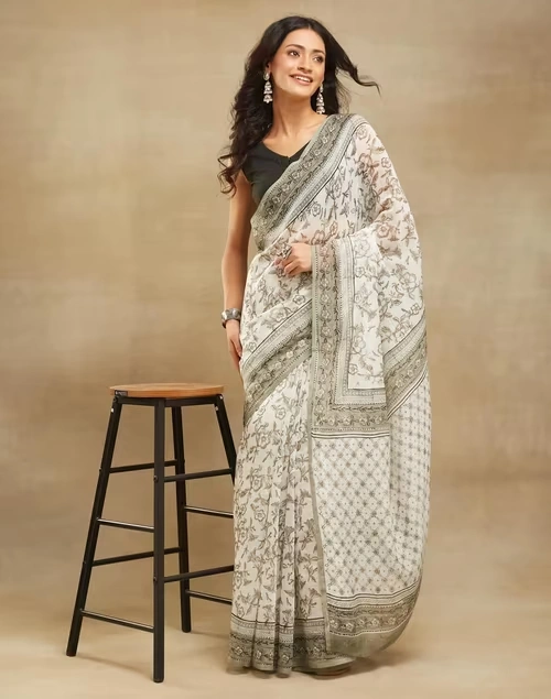 Natural Cotton Silk Hand Block Printed Sari