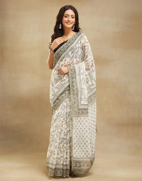 Natural Cotton Silk Hand Block Printed Sari