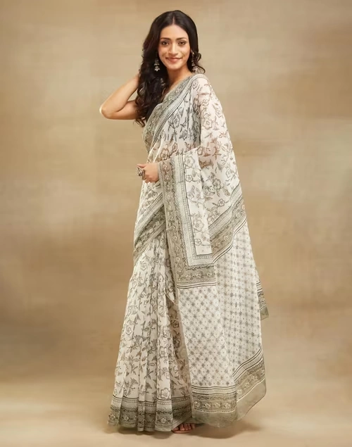 Natural Cotton Silk Hand Block Printed Sari
