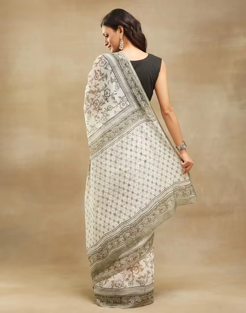 Natural Cotton Silk Hand Block Printed Sari