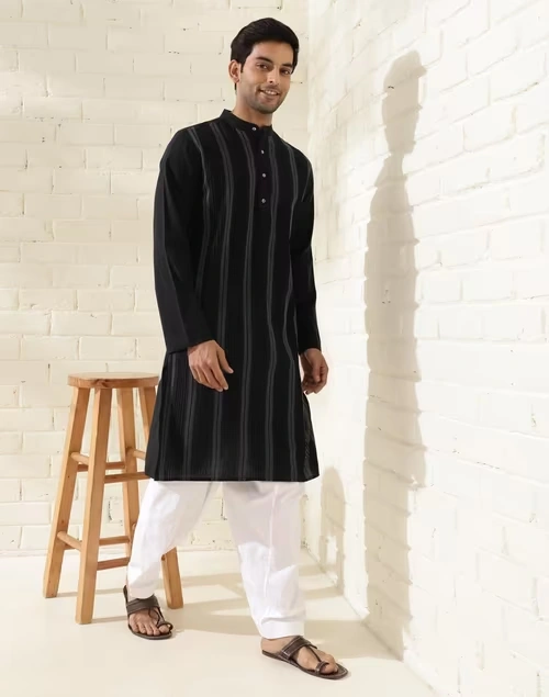 Black Cotton Pintucks Long Kurta