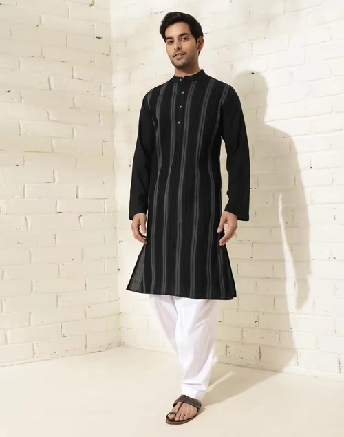 Black Cotton Pintucks Long Kurta