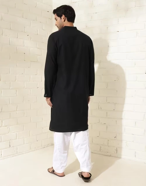 Black Cotton Pintucks Long Kurta