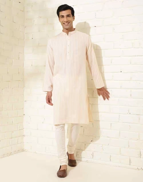 Beige Cotton Dobby Long Kurta
