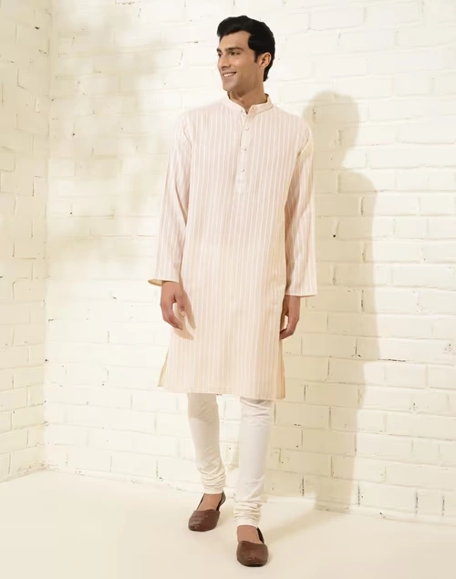 Beige Cotton Dobby Long Kurta