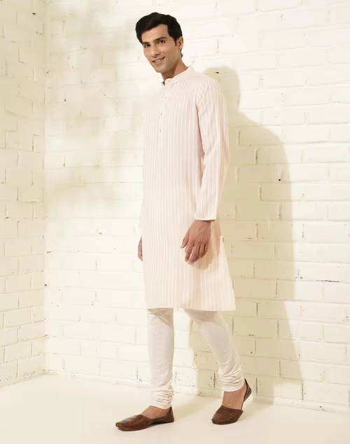 Beige Cotton Dobby Long Kurta