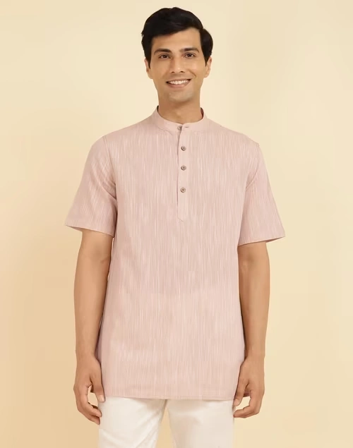 Beige Cotton Woven Short Kurta