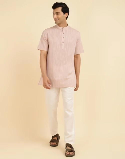 Beige Cotton Woven Short Kurta