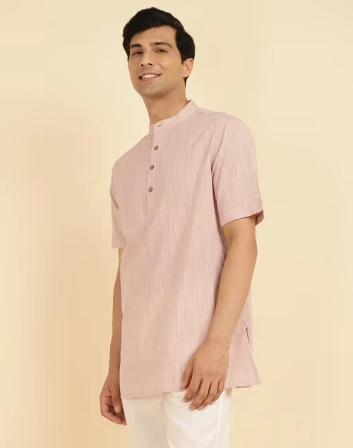 Beige Cotton Woven Short Kurta