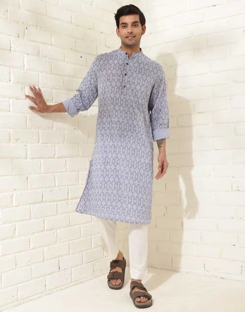 Blue Cotton Hand Block Printed Slim Fit Long Kurta