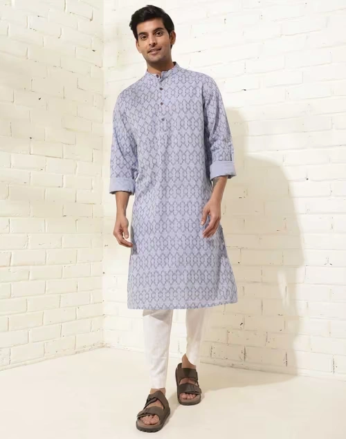 Blue Cotton Hand Block Printed Slim Fit Long Kurta