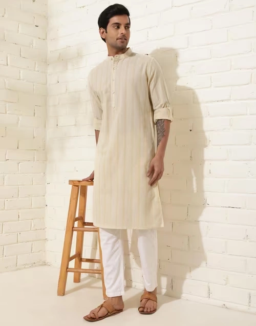 Beige Cotton Striped Slim Fit Long Kurta