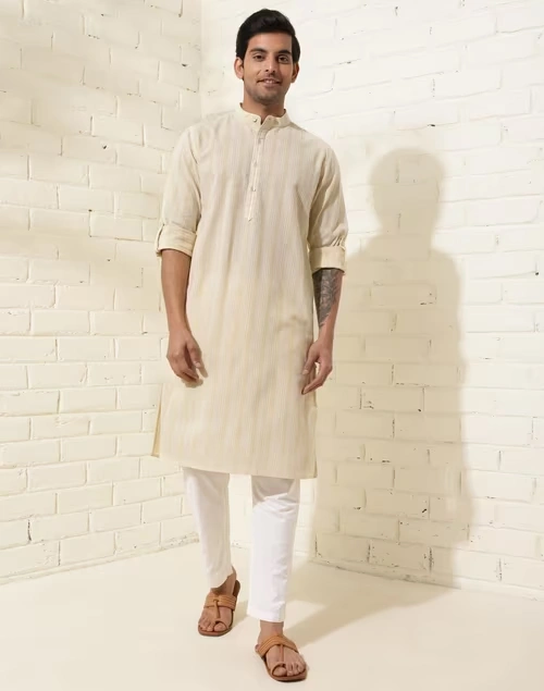 Beige Cotton Striped Slim Fit Long Kurta