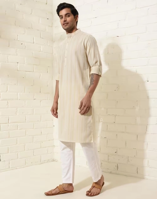 Beige Cotton Striped Slim Fit Long Kurta 3 Beige Cotton Striped Slim Fit Long Kurta