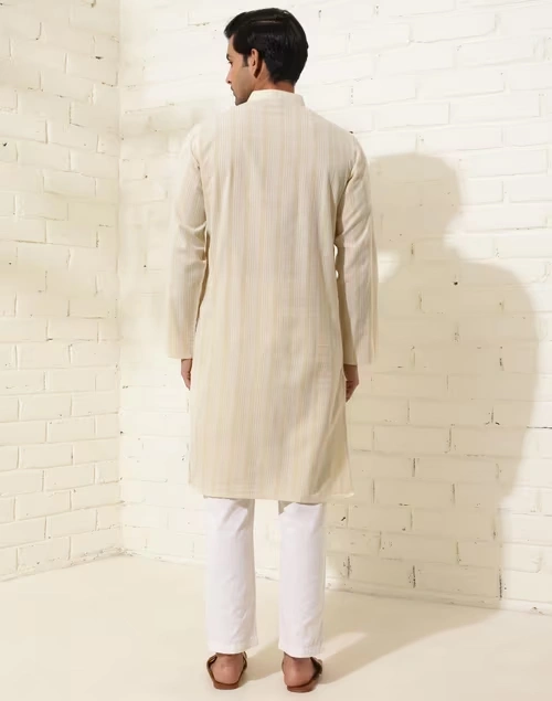 Beige Cotton Striped Slim Fit Long Kurta 4 Beige Cotton Striped Slim Fit Long Kurta
