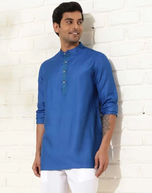 Blue Viscose Silk Short Kurta