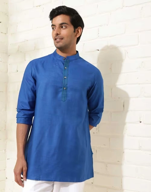 Blue Viscose Silk Short Kurta