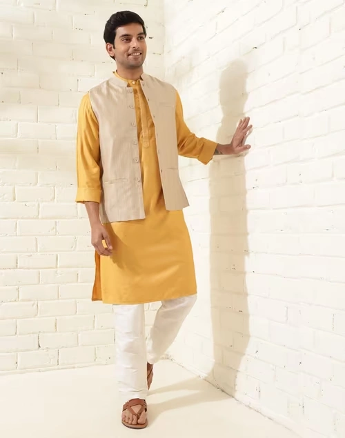 Beige Viscose Blend Woven Jacket Nehru