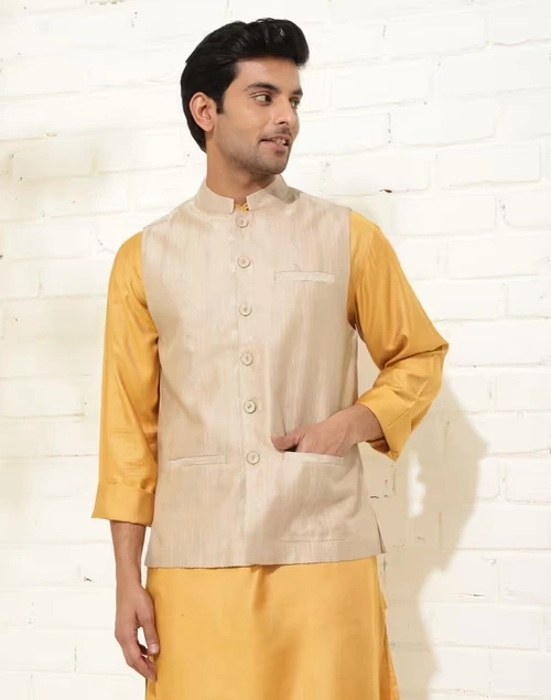 Beige Viscose Blend Woven Jacket Nehru