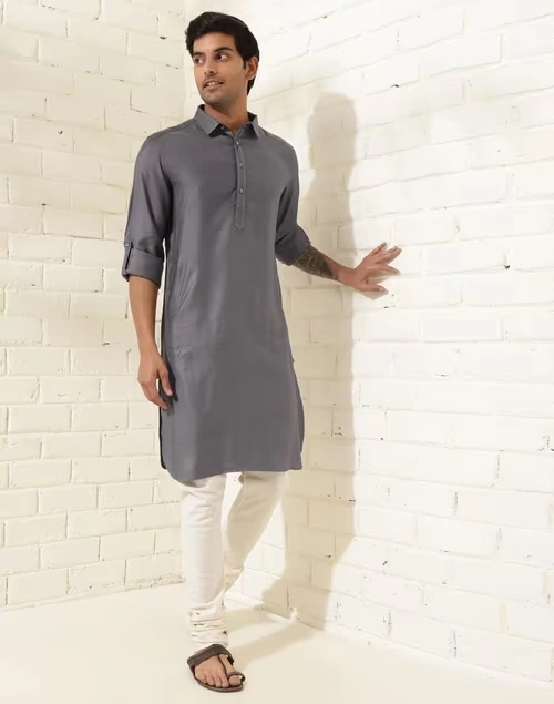 Grey Viscose Silk Regular Fit Pathani
