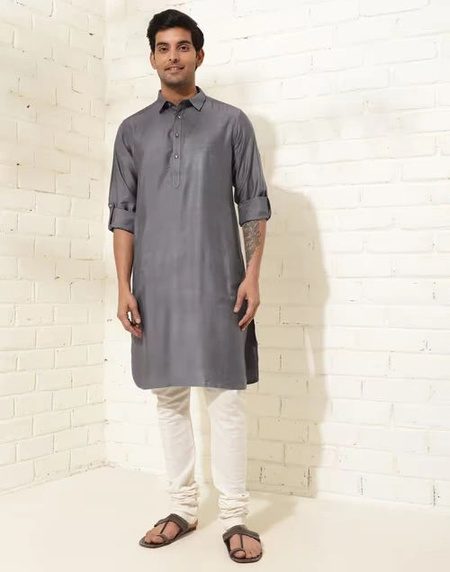 Grey Viscose Silk Regular Fit Pathani
