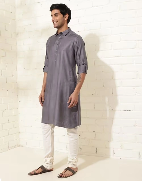 Grey Viscose Silk Regular Fit Pathani 3 Grey Viscose Silk Regular Fit Pathani