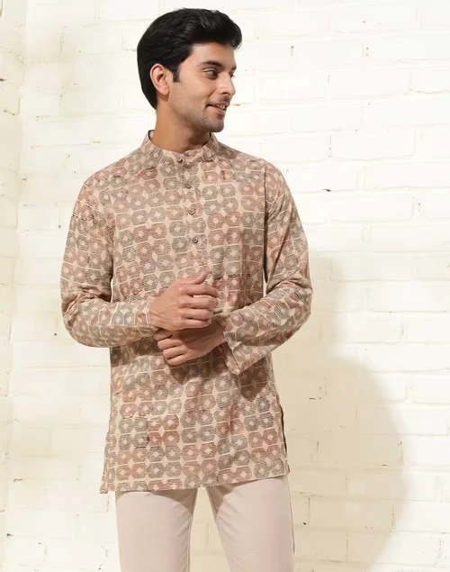 Beige Cotton Bagru Printed Short Kurta