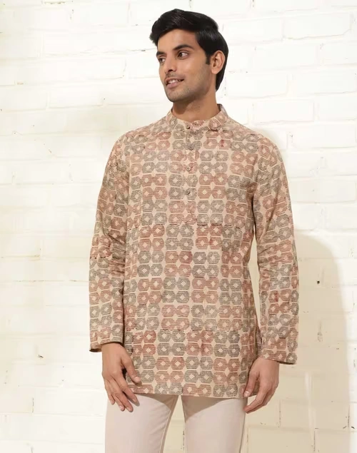 Beige Cotton Bagru Printed Short Kurta
