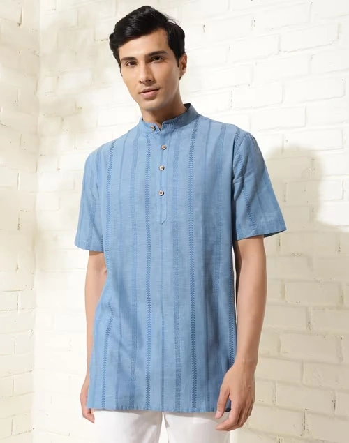Blue Cotton Woven Short Kurta