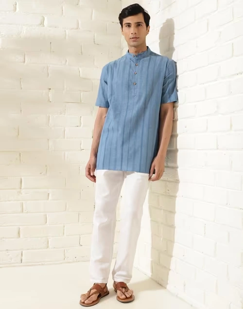 Blue Cotton Woven Short Kurta