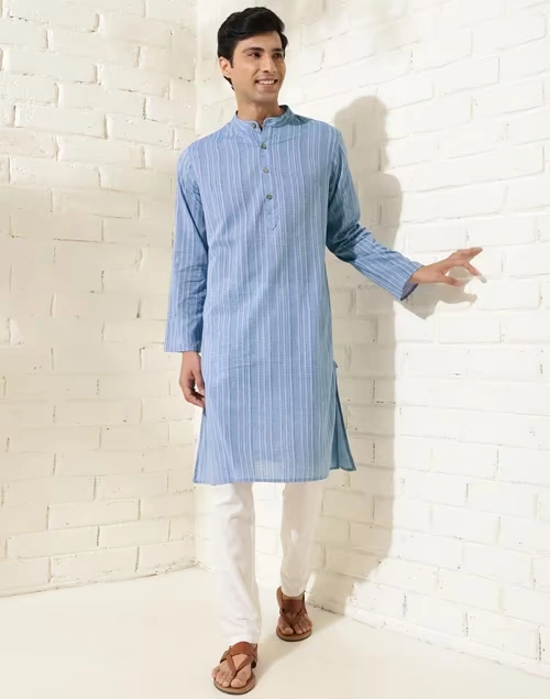Blue Cotton Hand Block Printed Long Kurta